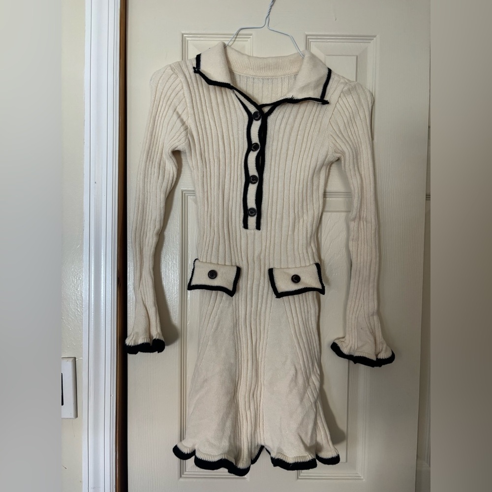 Cream Knit Dress with Black Trim